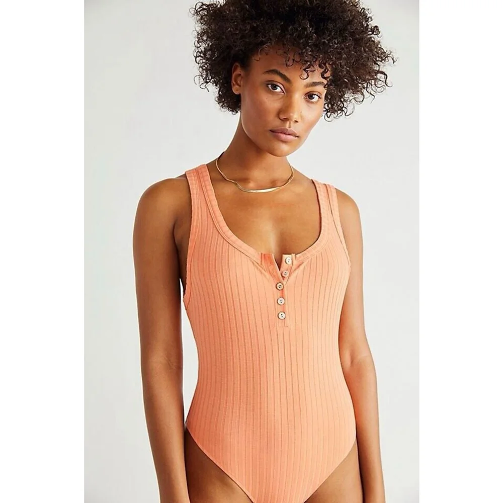 Free People Intimately Women’s Henley Rib Bodysuit Black M Orange